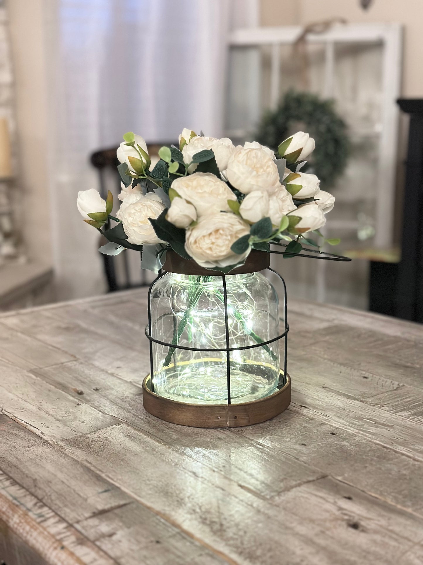 Vintage Style Farmhouse Vase with White Peonys, Rustic Lantern Decor, Rustic Farmhouse Vase, Floral Arrangement, Hostess Gift Country, Cozy