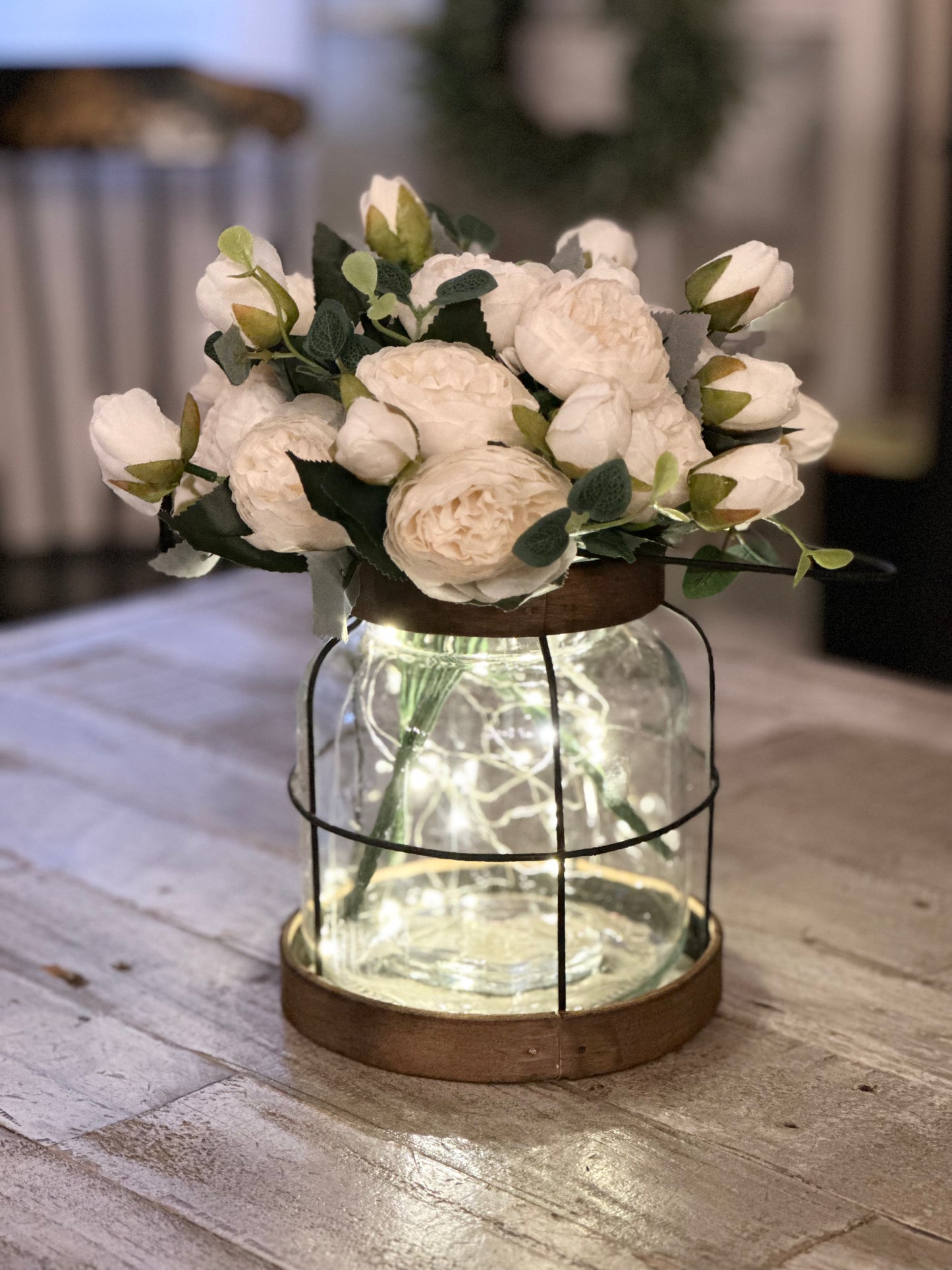 Vintage Style Farmhouse Vase with White Peonys, Rustic Lantern Decor, Rustic Farmhouse Vase, Floral Arrangement, Hostess Gift Country, Cozy