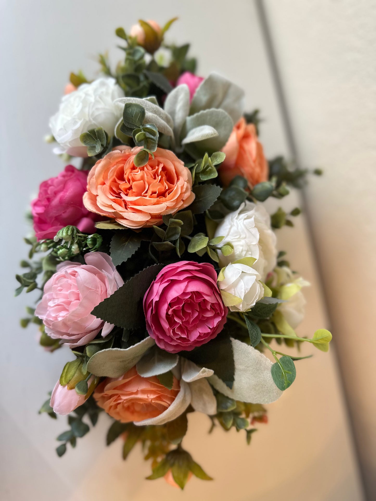 Floral Dough Bowl Centerpiece – Peach, Blush & Ivory Roses | Rustic Farmhouse Decor