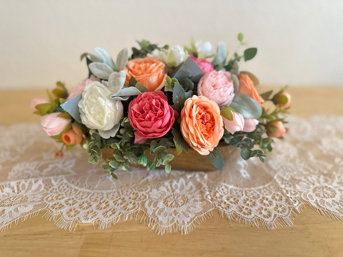 Floral Dough Bowl Centerpiece – Peach, Blush & Ivory Roses | Rustic Farmhouse Decor