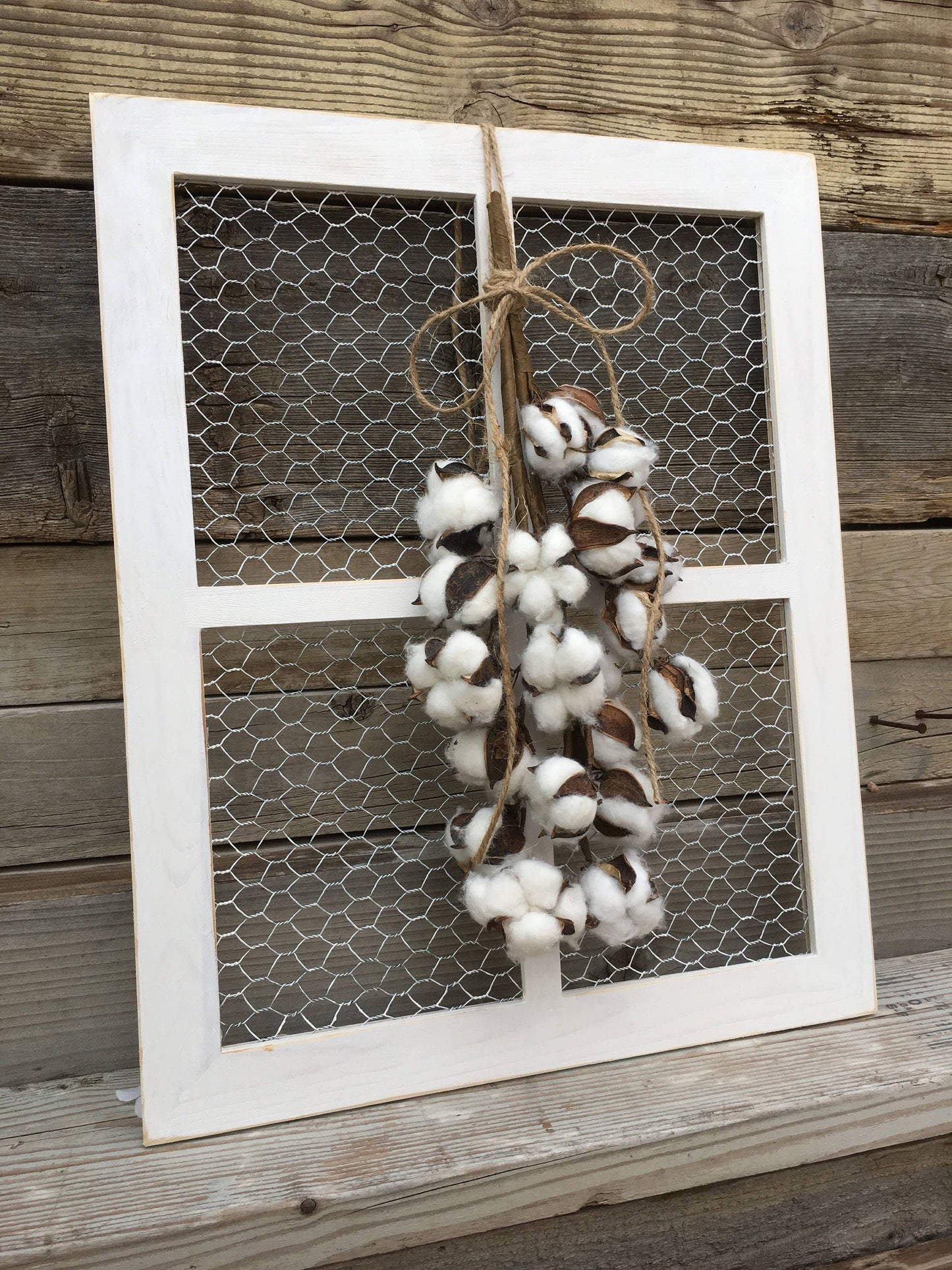 Rustic Wood Wall Hanging Window Fram with Chicken Wire and Wreath or Cotton Swag