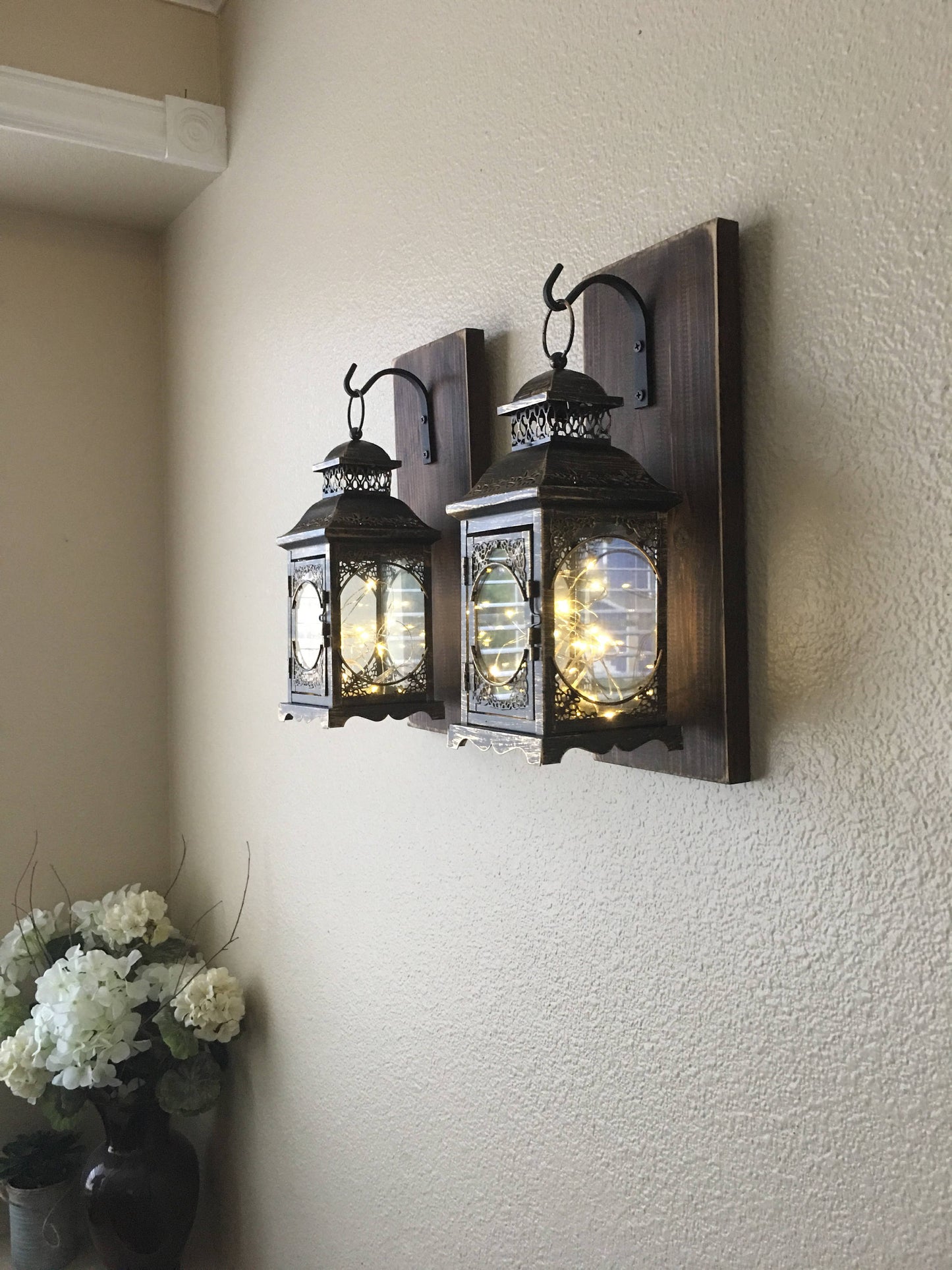 Rustic Wall Decor Set of 2 Hanging Lantern Sconces with Fairy Lights Black with Bronze Distressing