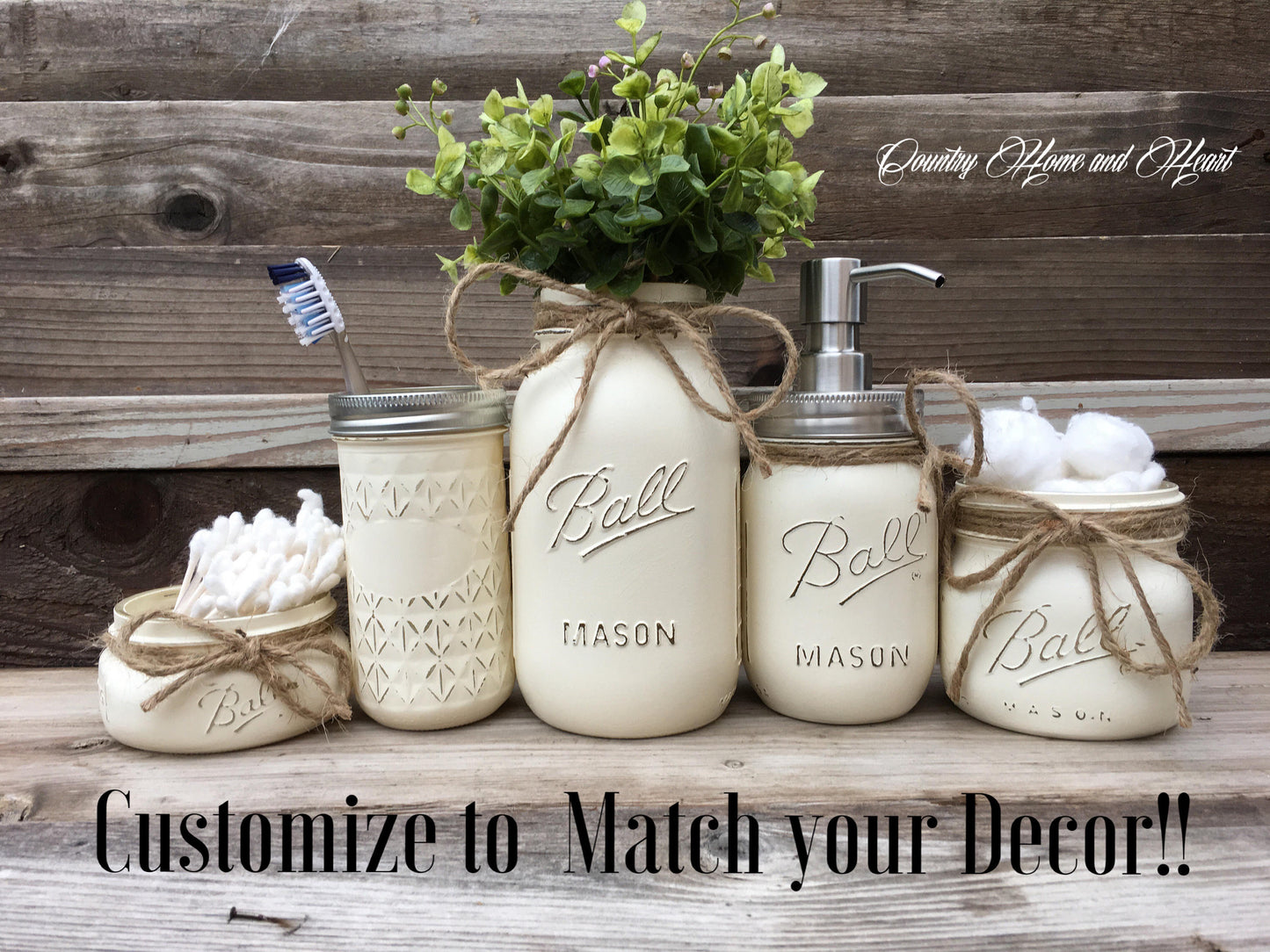 Bathroom Set with Mason Jars with Storage for Qtips, Cotton ball, Toothbrush Holder and Soap Dispenser, Custom Colors and Florals