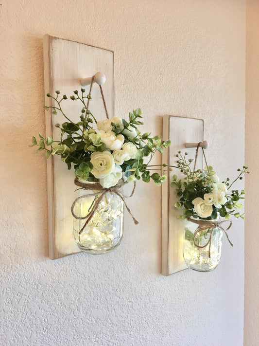 Rustic Hanging Mason Jar Lighted Wall Sconces Set of Two Three or Single