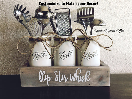 Flip, Stir, Whisk, Kitchen Decor, Utensils Holder, Mason Jar Utensils Holder, Mason Jar Utensils Caddy, Mason Jar Kitchen Decor, Farmhouse