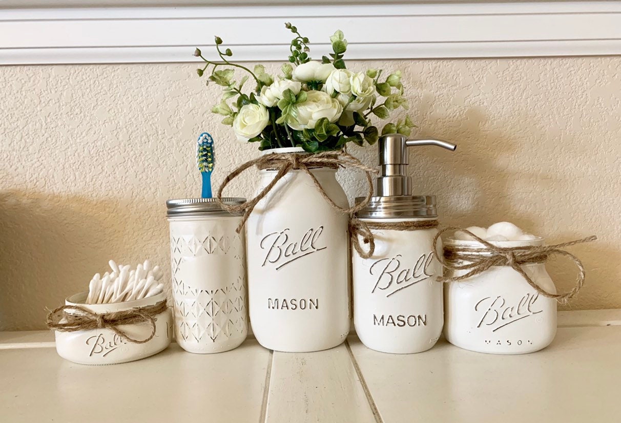 Mason Jar Bathroom Set, Mason Jar Decor, Housewarming Gift, Farmhouse Bathroom Decor, Rustic Bathroom Decor, Bathroom Decor, Mason Jars
