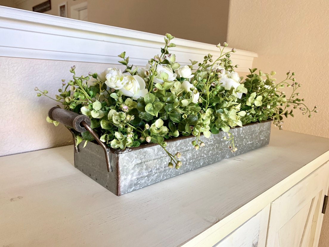 Floral Centerpiece - 20" Galvanized Planter - Open Rose/Greenery