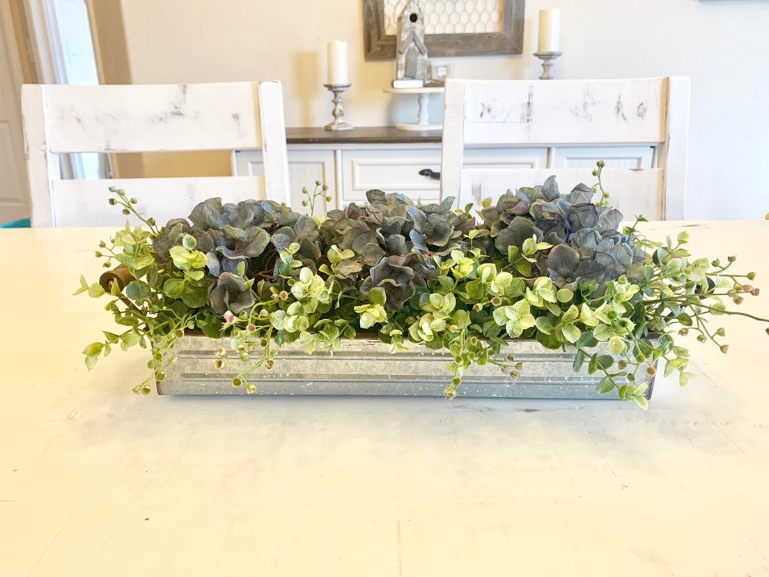 Floral Centerpiece - 20" Galvanized Planter - Hydrangeas/Greenery
