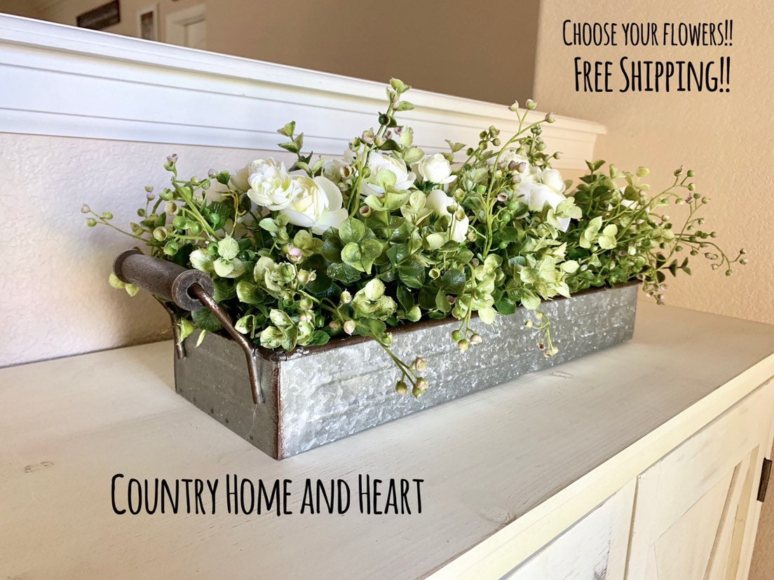 Floral Centerpiece - 20" Galvanized Planter - Open Rose/Greenery