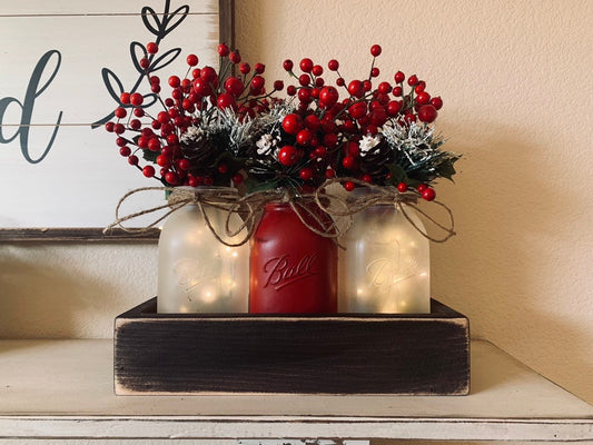Christmas Mason Jar Planter Box Centerpiece with Christmas Berries and Fairy Lights - 3 Quart