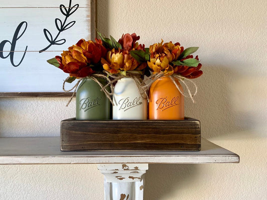 Fall Table Centerpiece,Fall Decor,Seasonal,Thanksgiving Table Decor,Mantle Decor,Rustic Planter With Jars,Mason Jar Centerpiece box,Country