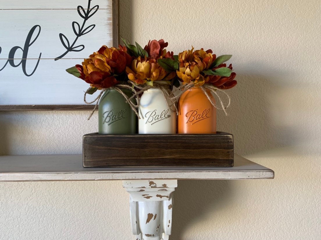 Fall Table Centerpiece,Fall Decor,Seasonal,Thanksgiving Table Decor,Mantle Decor,Rustic Planter With Jars,Mason Jar Centerpiece box,Country