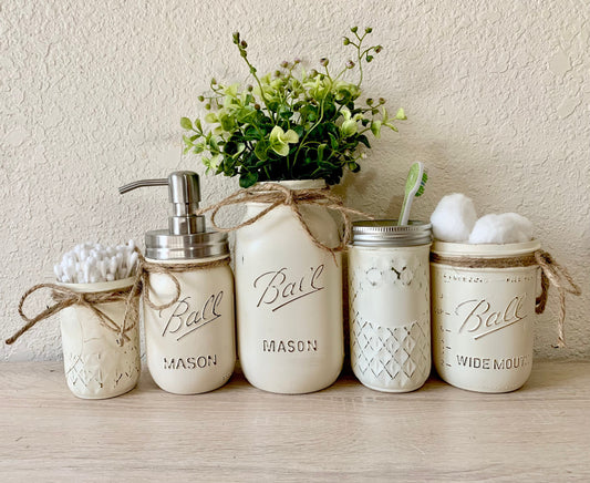 Bathroom Set with Mason Jars with Storage for Qtips, Cotton ball, Toothbrush Holder and Soap Dispenser, Custom Colors and Florals