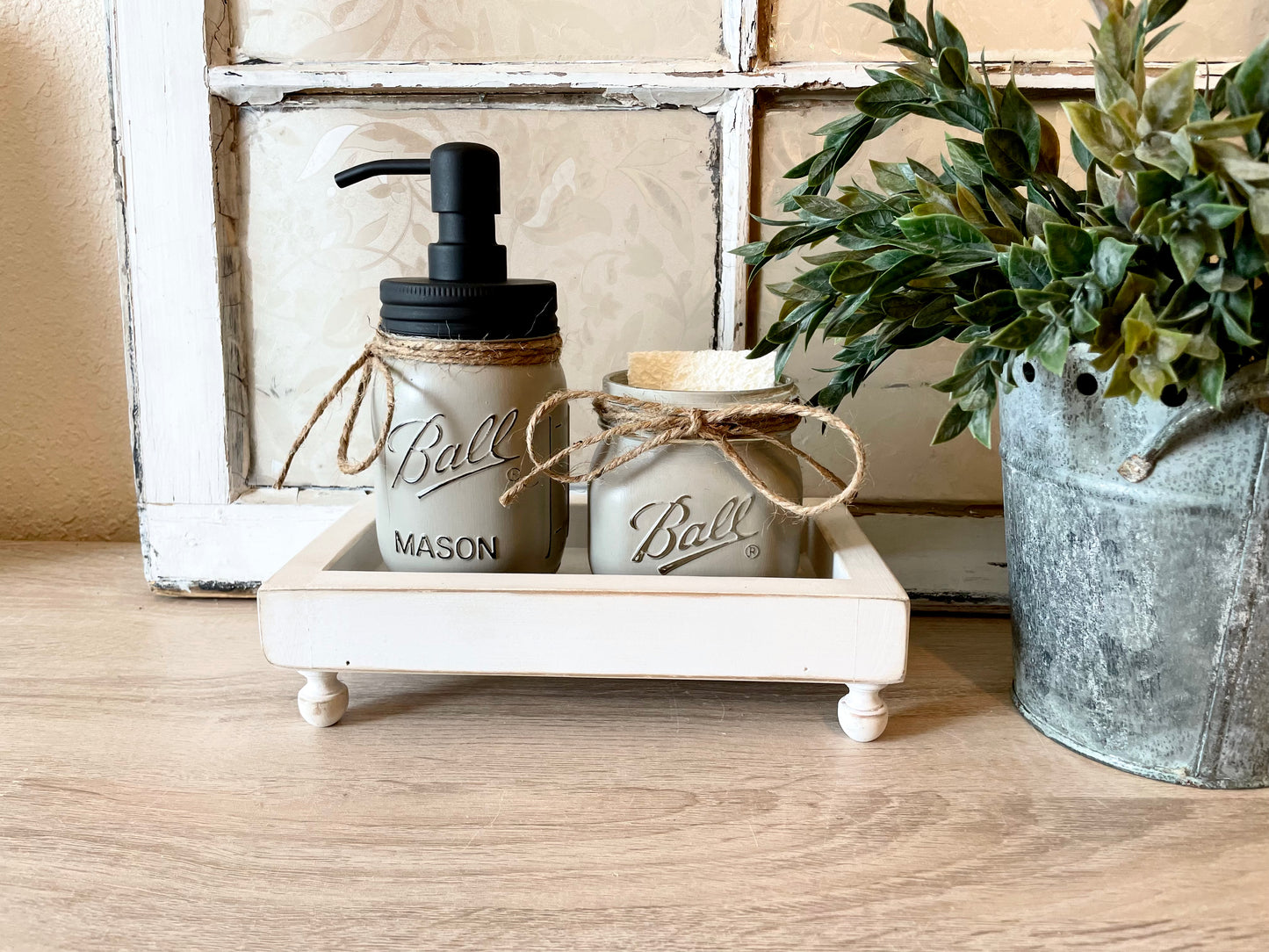 Farmhouse Wood Riser Tray for Sink in Kitchen or Bath with Mason Jars Good for Soap Dispenser and Sponge Holder or Make up Brushes