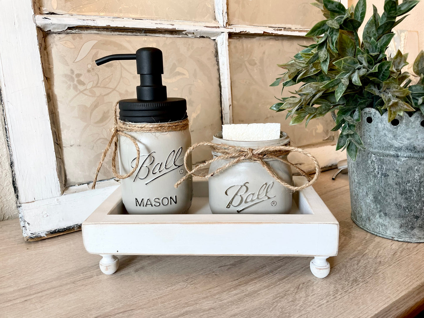 Farmhouse Wood Riser Tray for Sink in Kitchen or Bath with Mason Jars Good for Soap Dispenser and Sponge Holder or Make up Brushes